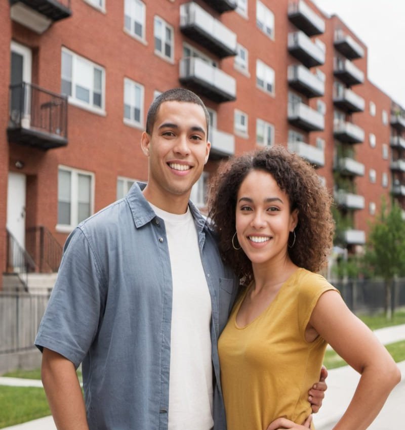 Young couple celebrate getting a new mortgage.